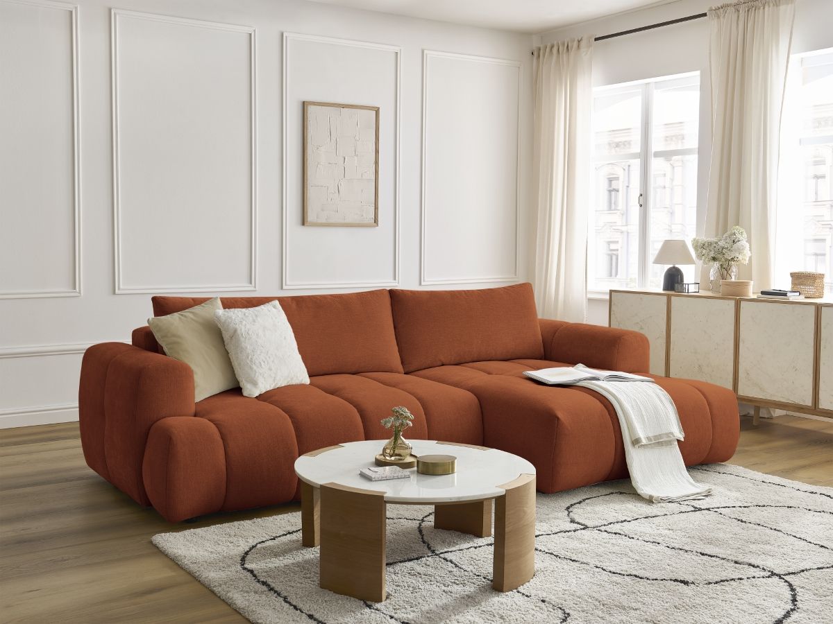 Bobochic Fuji Ecksofa mit Schlaffunktion und Bettkasten 292 × 160 cm Stoff Orange Ecke rechts
