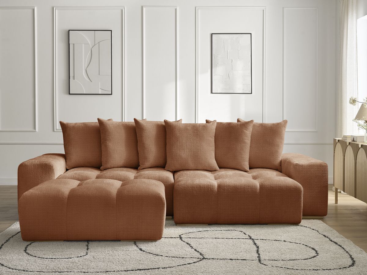 Bobochic Anakin Ecksofa mit Schlaffunktion und Bettkasten und Pouf, 6 Kissen Strukturstoff Orange