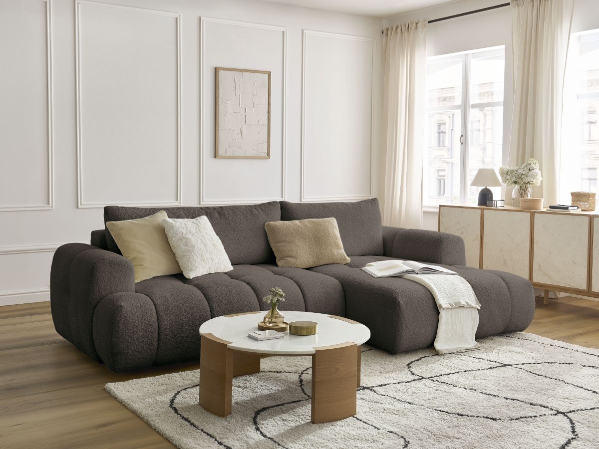 Bobochic Fuji Ecksofa mit Schlaffunktion und Bettkasten 292 × 160 cm Bouclé-Stoff Braun Ecke rechts