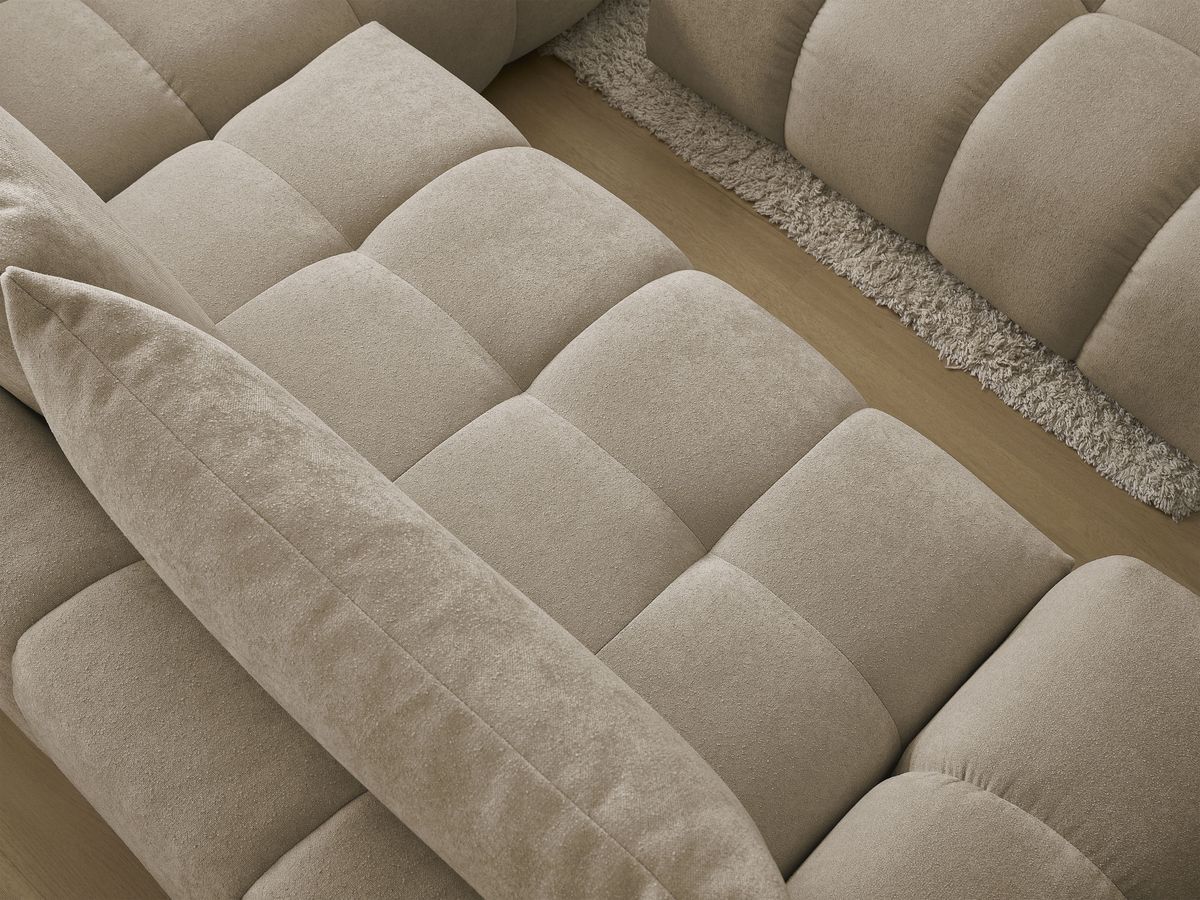 Bobochic Everest Ecksofa mit Schlaffunktion und Bettkasten und Pouf 320 × 212 cm, 5 Kissen Strukturstoff Taupe Ecke rechts