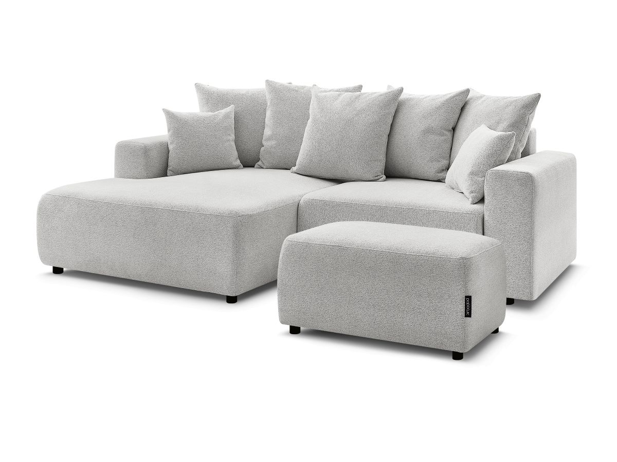 Bobochic Atilla Ecksofa mit Schlaffunktion und Bettkasten und Pouf Melange-Stoff Hellgrau Ecke links