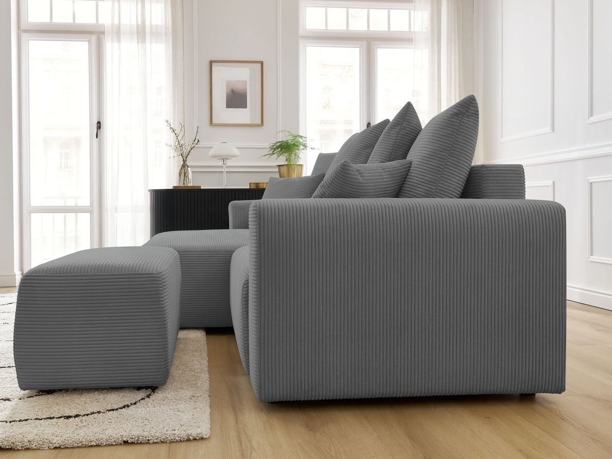 Bobochic Atilla Ecksofa mit Schlaffunktion und Bettkasten und Pouf Cordsamt Dunkelgrau Ecke links