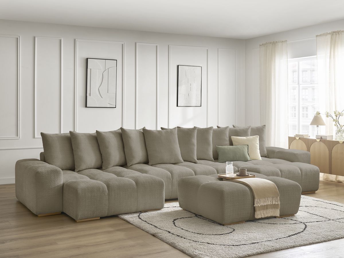 Bobochic Anakin Wohnlandschaft mit Pouf, 10 Kissen Strukturstoff Taupe