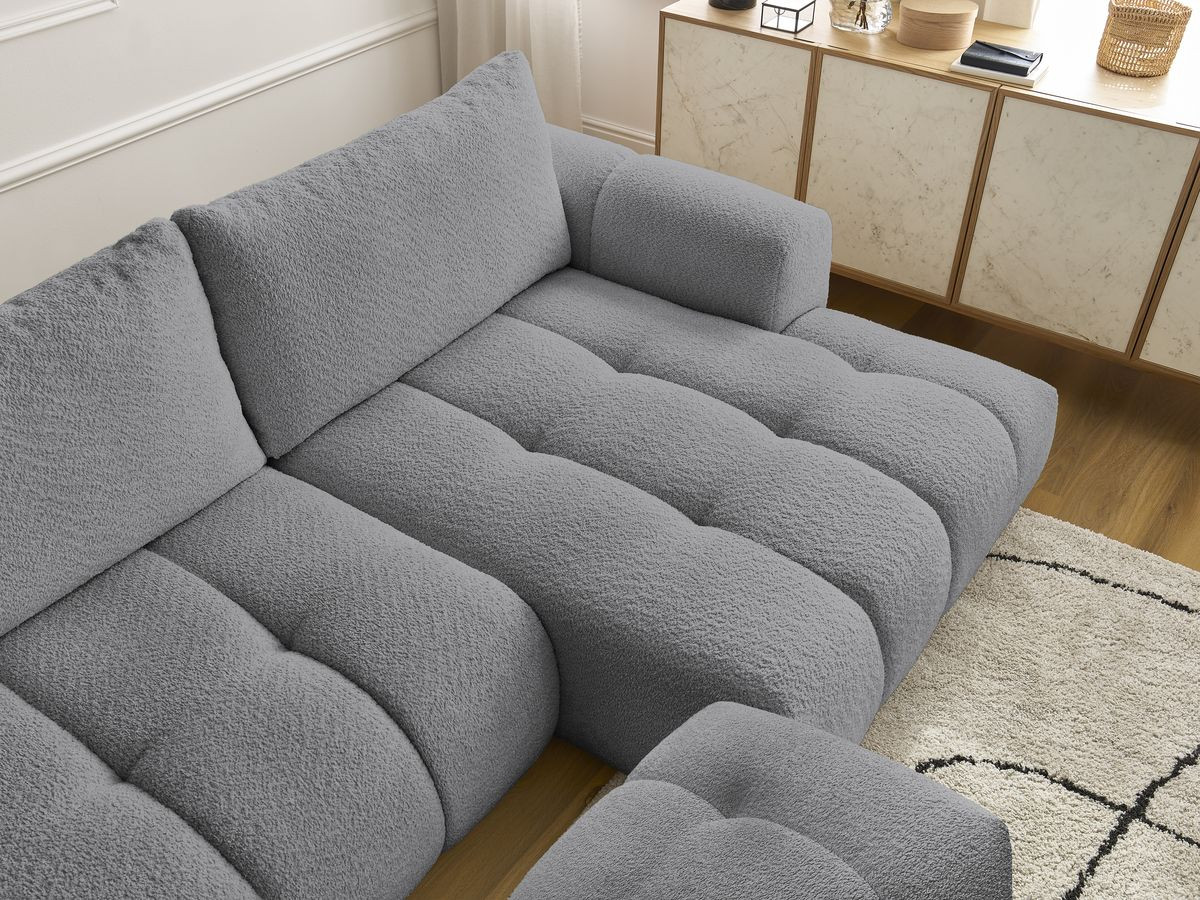 Bobochic Fuji Ecksofa mit Schlaffunktion und Bettkasten und Pouf 292 × 160 cm Bouclé-Stoff Dunkelgrau Ecke rechts