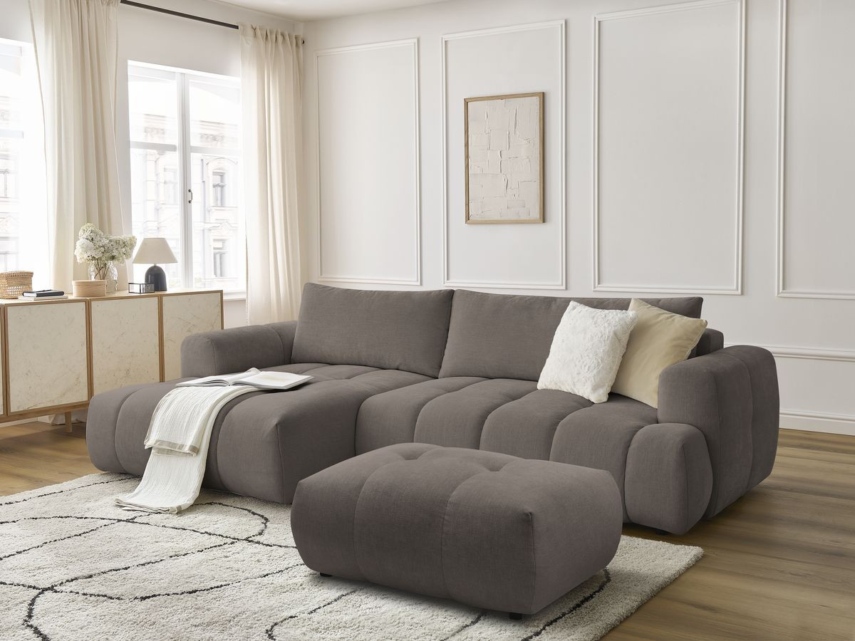 Bobochic Fuji Ecksofa mit Schlaffunktion und Bettkasten und Pouf 292 × 160 cm Stoff Taupe Ecke links
