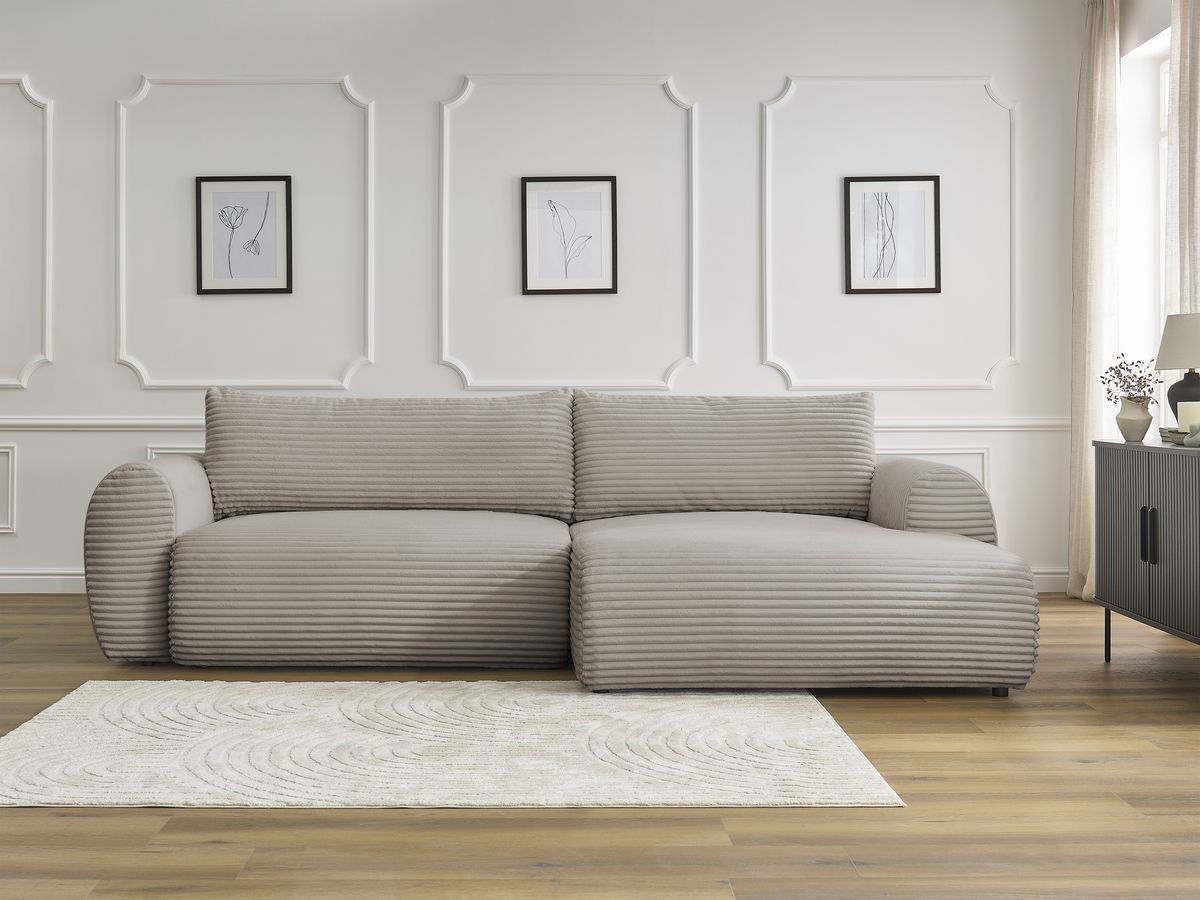 Bobochic Lucien Ecksofa mit Schlaffunktion und Bettkasten 314 × 167 cm Breitcord weich Taupe Ecke rechts