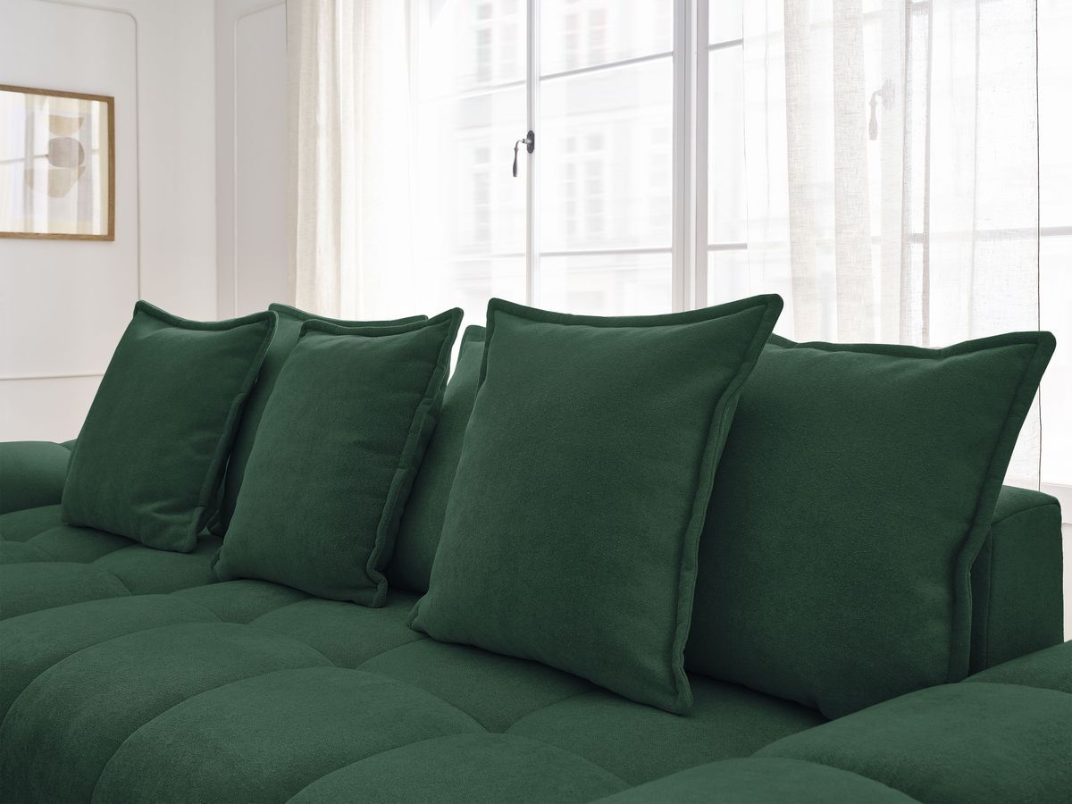 Bobochic Everest Ecksofa mit Schlaffunktion und Bettkasten und Pouf 318 × 180 cm, 7 Kissen Strukturstoff Grün Ecke links