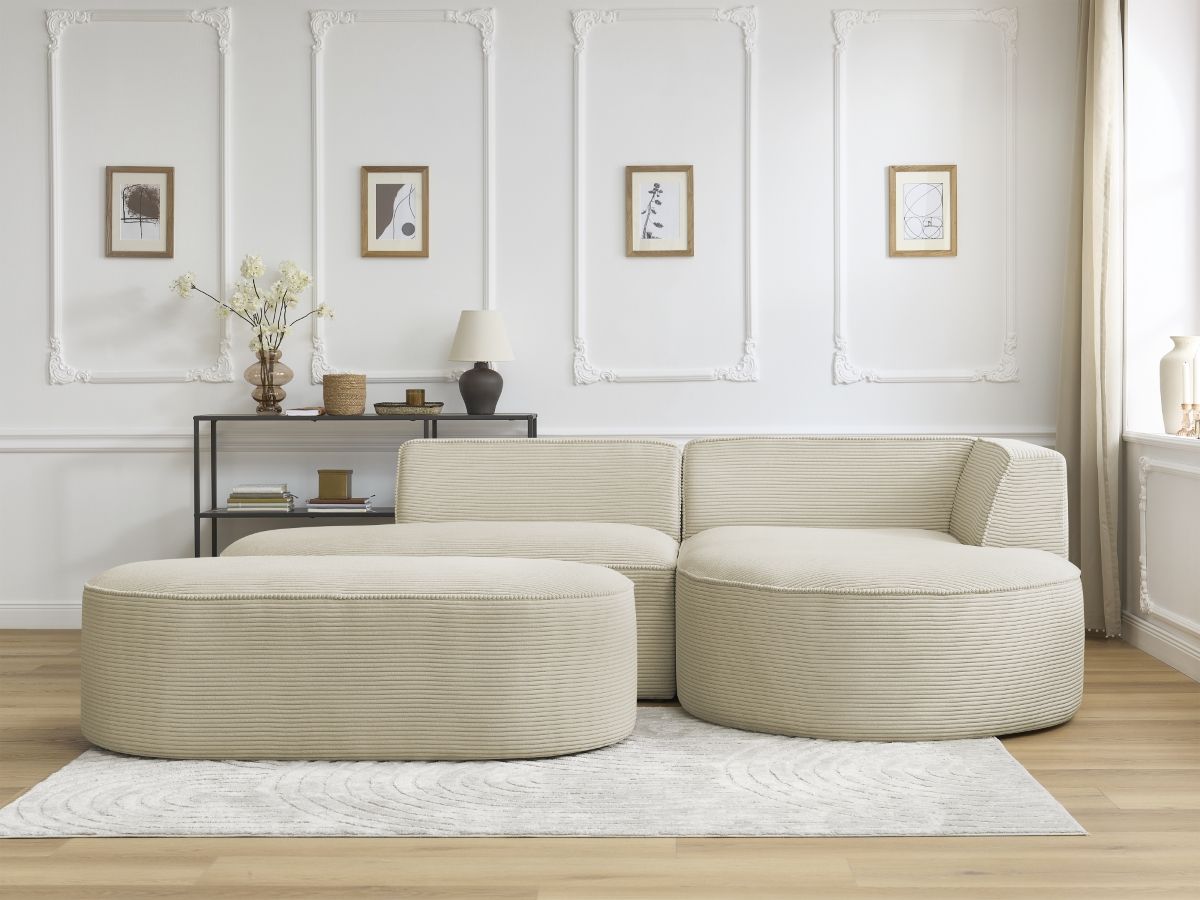 Bobochic Rousseau Ecksofa mit Pouf Cordsamt Beige Ecke rechts