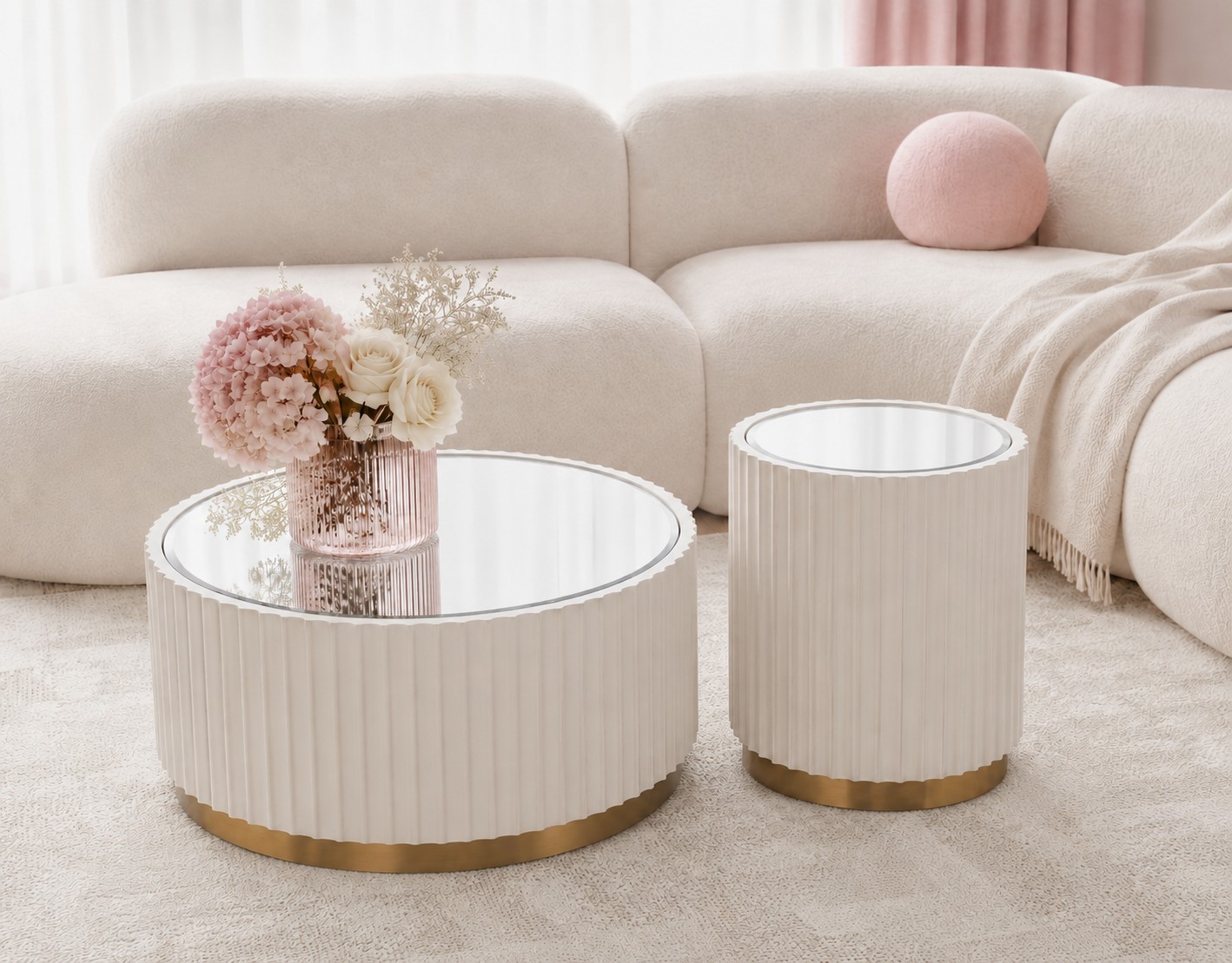 Livin Hill Set Stilig: Couchtisch 90 cm + Beistelltisch Gebrochenes Weiß