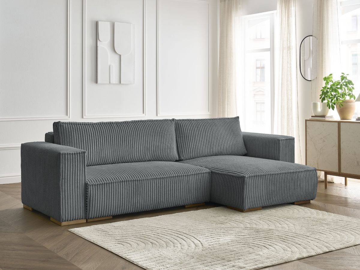 Bobochic Chelsea Ecksofa mit Schlaffunktion und Bettkasten Breitcord weich Dunkelgrau
