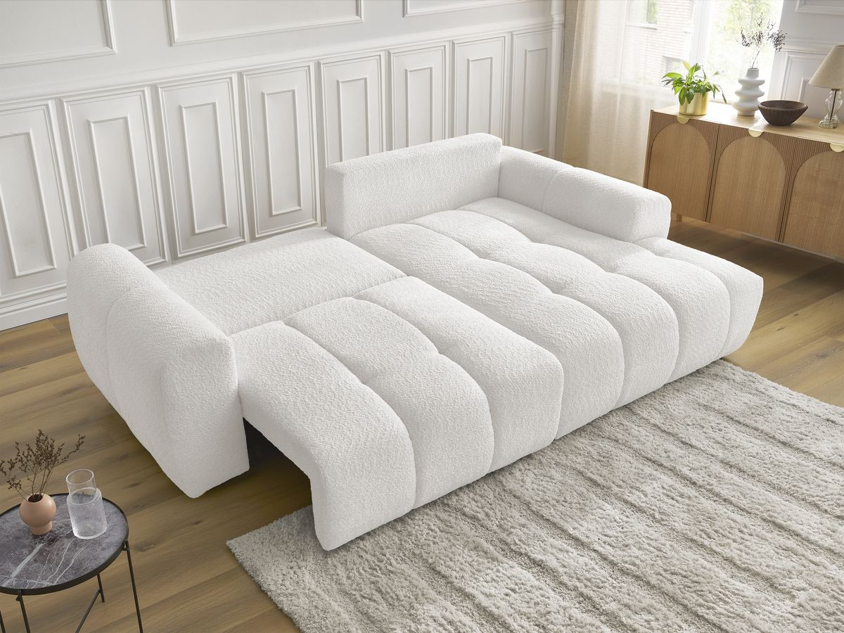 Bobochic Roxelane Ecksofa mit Schlaffunktion und Bettkasten 258 × 150 cm Bouclé-Stoff Weiß Ecke rechts
