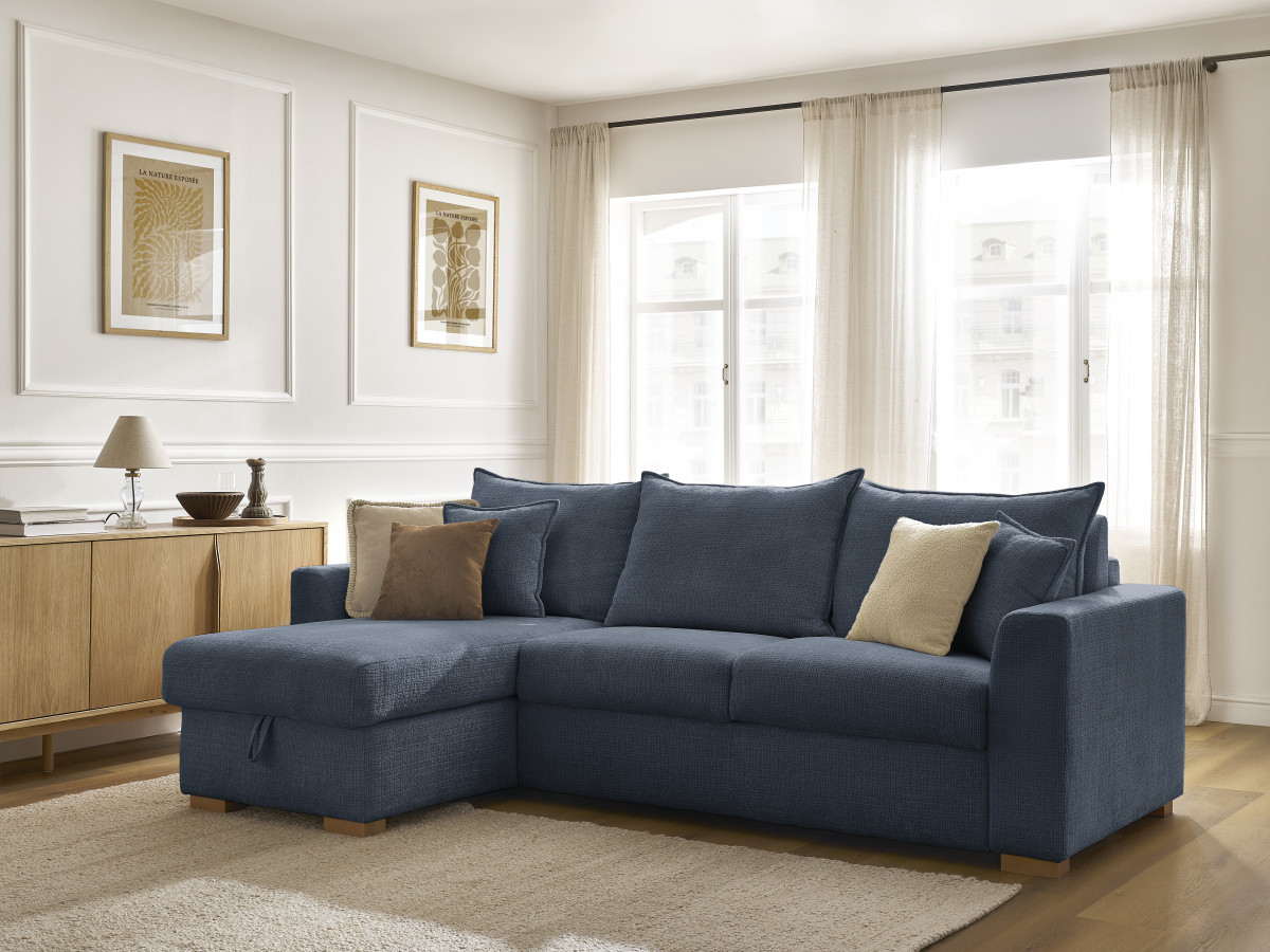 Bobochic Augustin Ecksofa mit Schlaffunktion und Bettkasten Strukturstoff Dunkelblau, Liegefläche 140 × 200 cm