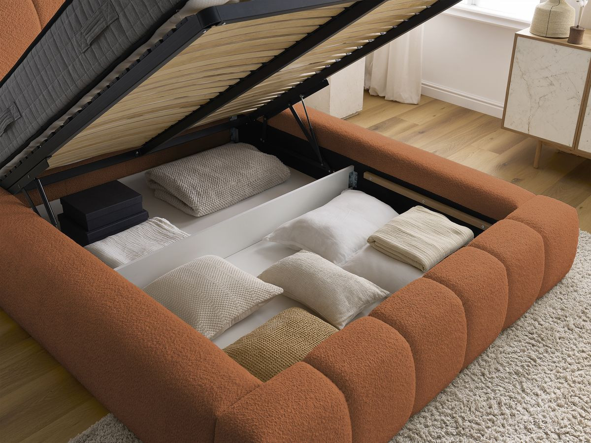 Bobochic Denali Polsterbett mit Bettkasten Bouclé-Stoff Orange, Liegefläche 140 × 190 cm