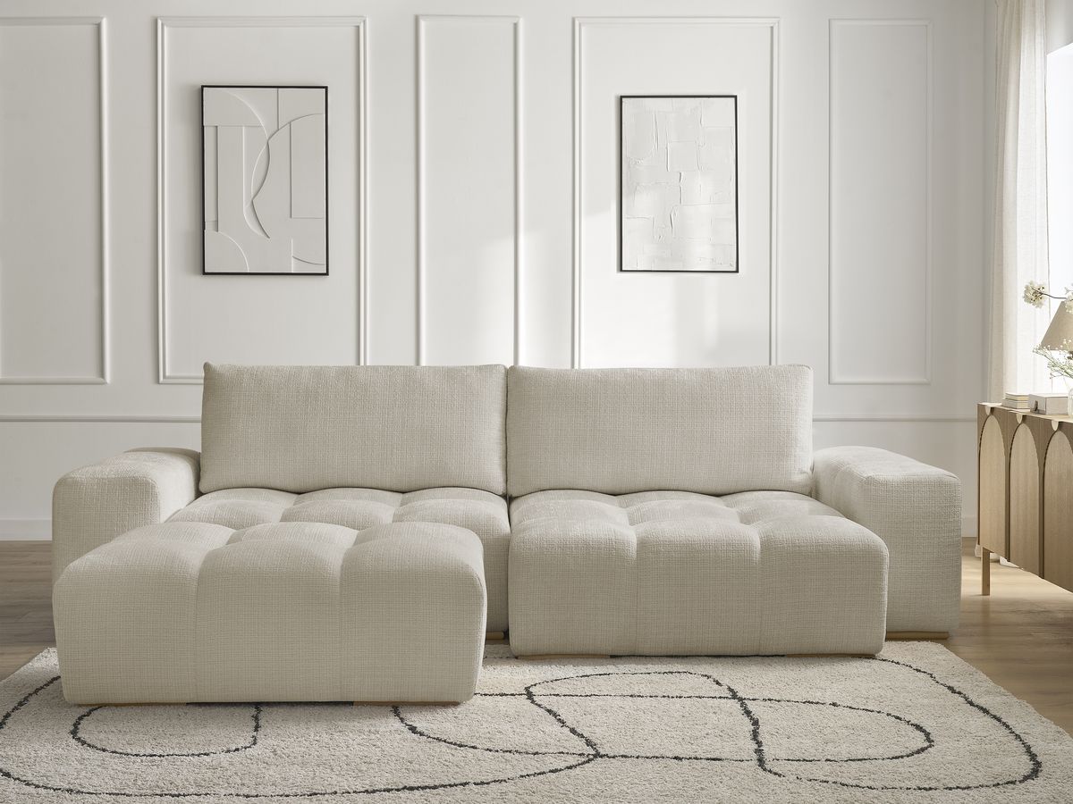 Bobochic Anakin Ecksofa mit Schlaffunktion und Bettkasten und Pouf, 2 Kissen Strukturstoff Beige