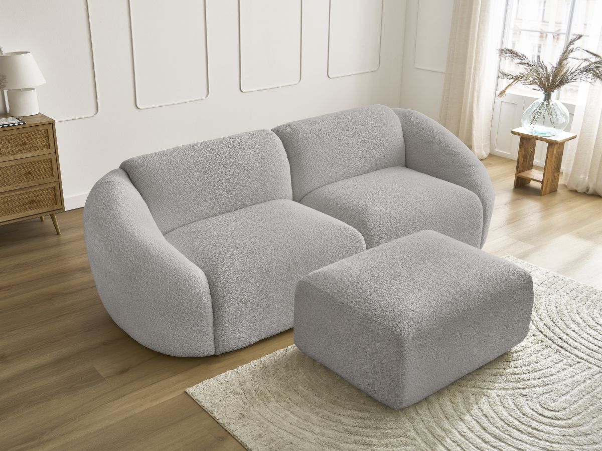 Bobochic Tina Sofa 4-Sitzer mit Pouf Bouclé-Stoff Hellgrau