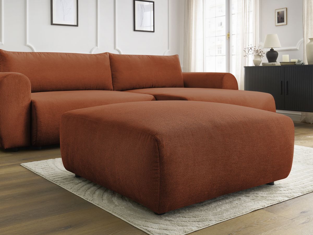 Bobochic Lucien Ecksofa mit Schlaffunktion und Bettkasten und Pouf 314 × 167 cm Stoff Orange Ecke rechts