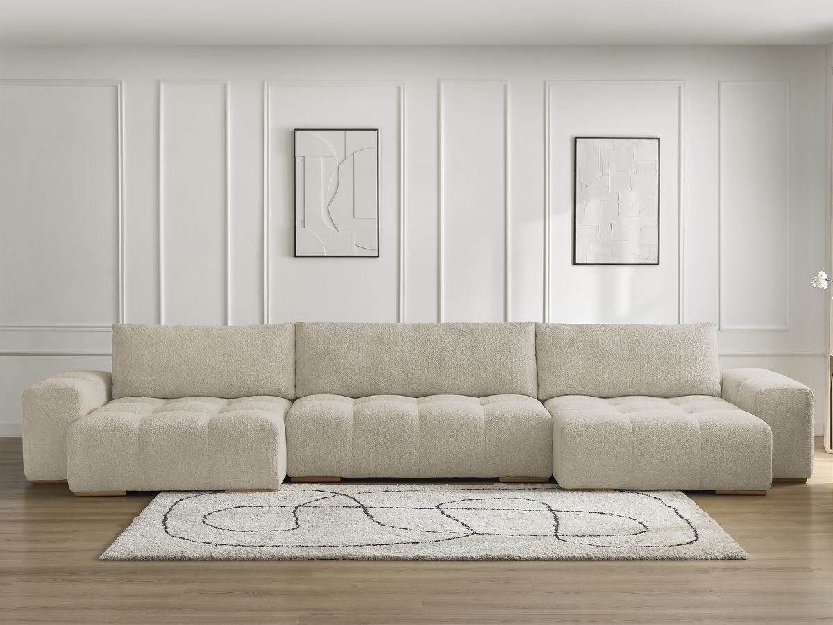 Bobochic Anakin Wohnlandschaft, Liegefläche 137 × 382 cm, 3 Kissen Bouclé-Stoff Beige