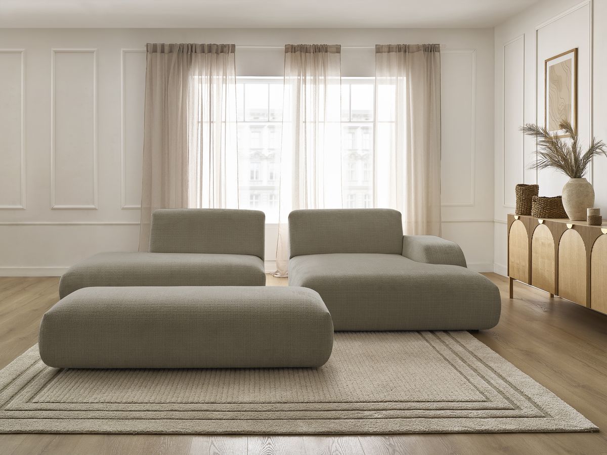 Bobochic Sirius Ecksofa mit Pouf 300 × 170 cm Strukturstoff Taupe Ecke rechts
