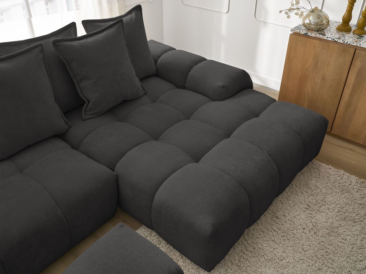 Bobochic Everest Ecksofa mit Schlaffunktion und Bettkasten und Pouf 318 × 180 cm, 7 Kissen Strukturstoff Schwarz Ecke rechts