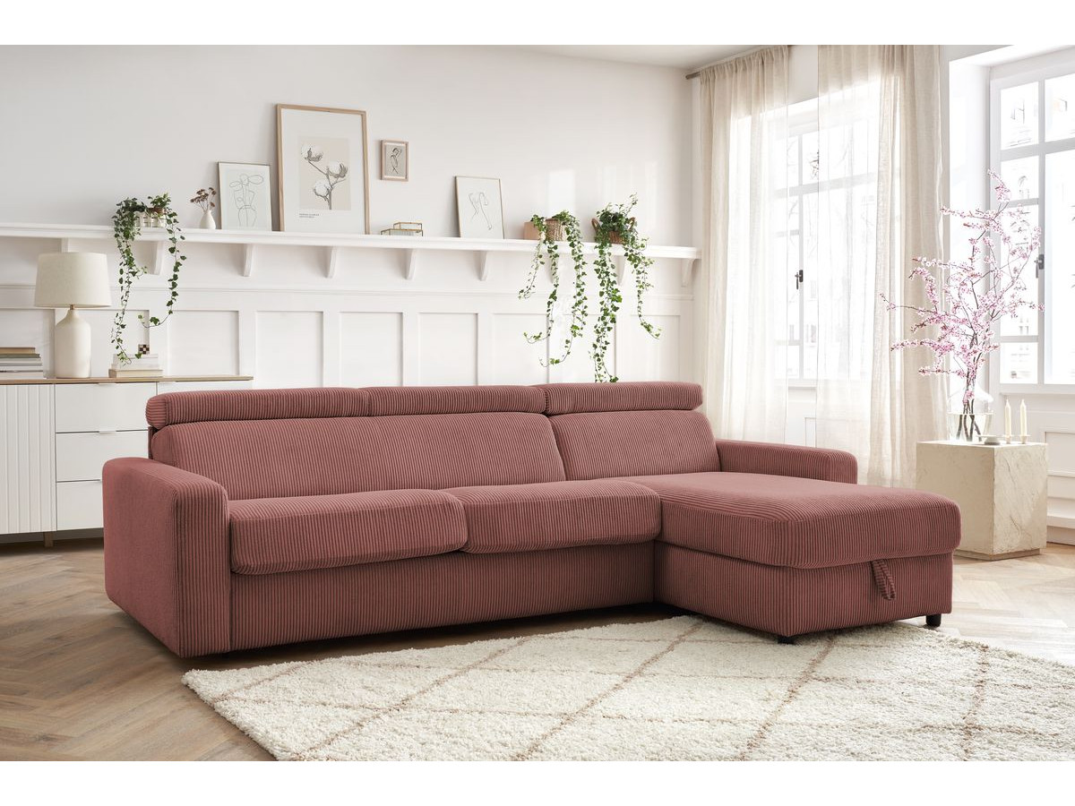 Bobochic Monaco Ecksofa mit Schlaffunktion und Bettkasten Cordsamt Rosa, Liegefläche 140 × 190 cm