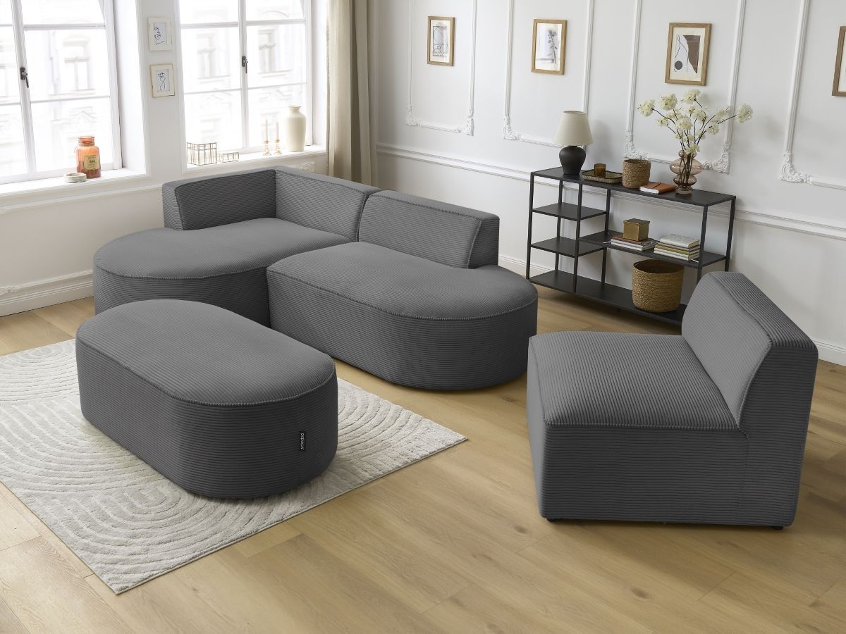 Bobochic Rousseau Ecksofa mit Sofamodul und Pouf Cordsamt Dunkelgrau Ecke links