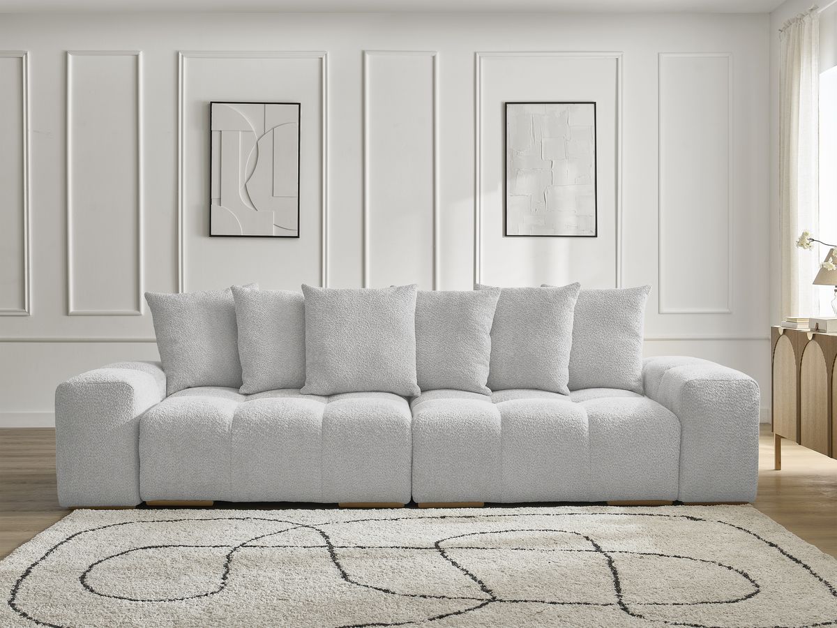 Bobochic Anakin Schlafsofa 3-Sitzer mit Bettkasten, 6 Kissen Bouclé-Stoff Hellgrau
