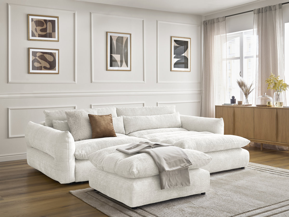 Bobochic Neil Ecksofa mit Pouf Strukturstoff Weiß Ecke rechts