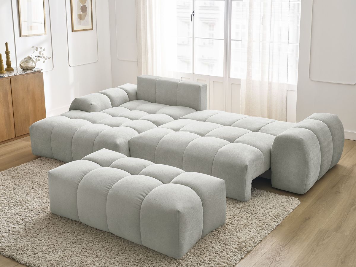 Bobochic Everest Ecksofa mit Schlaffunktion und Bettkasten und Pouf 318 × 180 cm, 7 Kissen Strukturstoff Hellgrau Ecke links