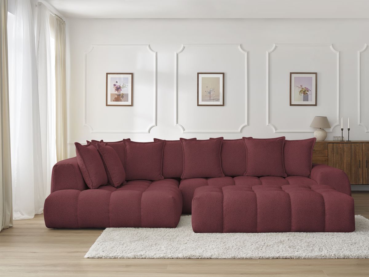 Bobochic Everest Ecksofa mit Schlaffunktion und Pouf, 10 Kissen Melange-Stoff Rot Ecke links