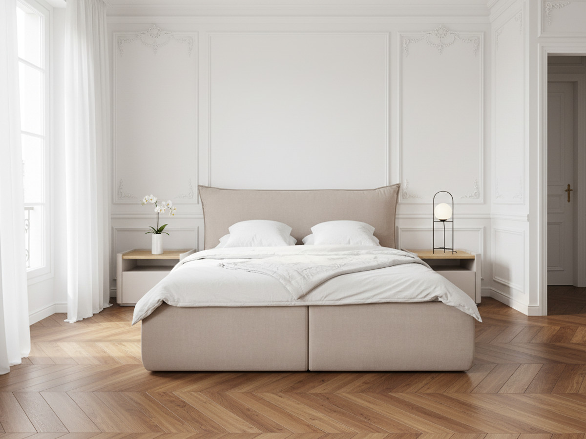 Bobochic Jade Polsterbett mit Bettkasten Stoff Beige, Liegefläche 160 × 200 cm