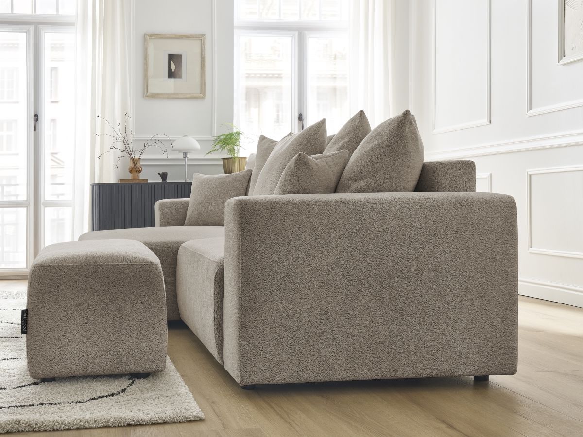 Bobochic Atilla Ecksofa mit Schlaffunktion und Bettkasten und Pouf Melange-Stoff Taupe Ecke links