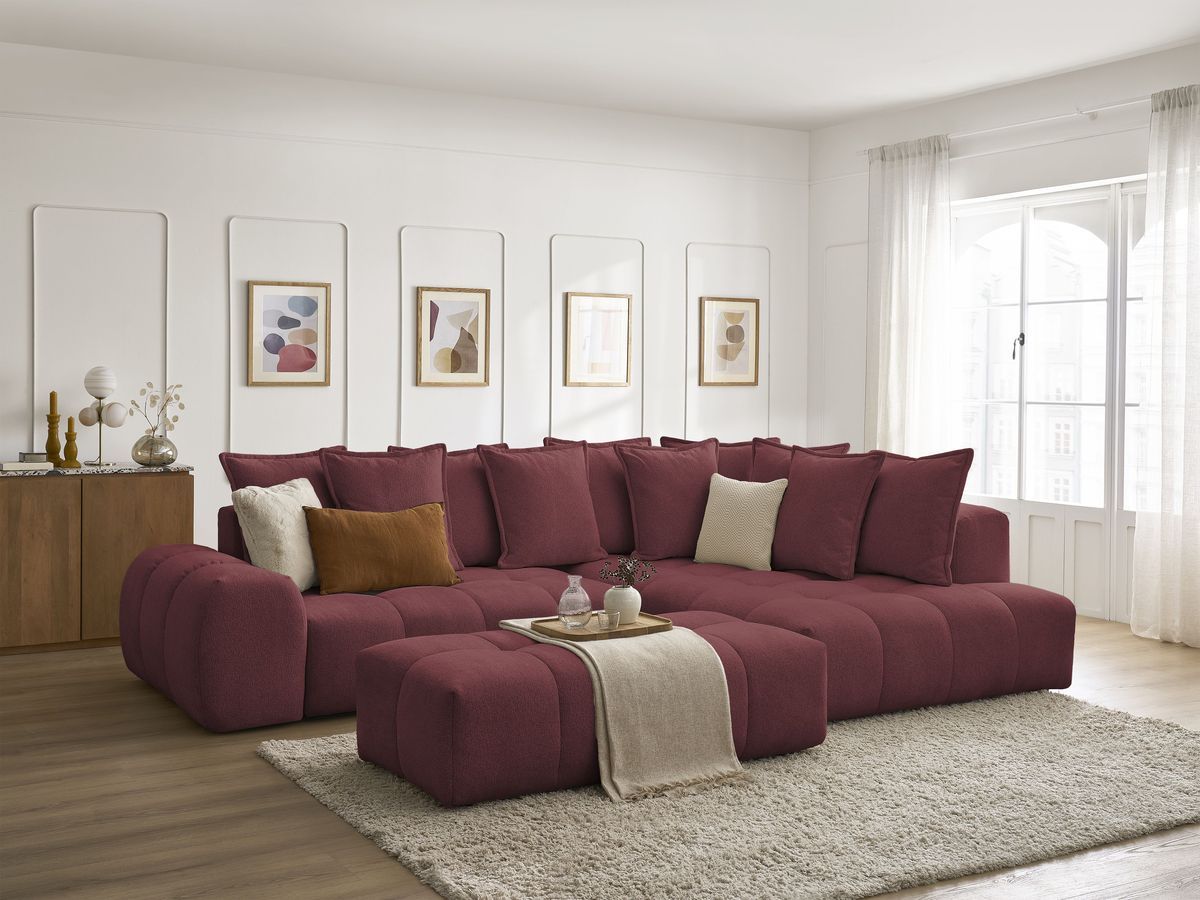 Bobochic Everest Ecksofa mit Schlaffunktion und Bettkasten und Pouf 320 × 212 cm, 10 Kissen Melange-Stoff Rot Ecke rechts