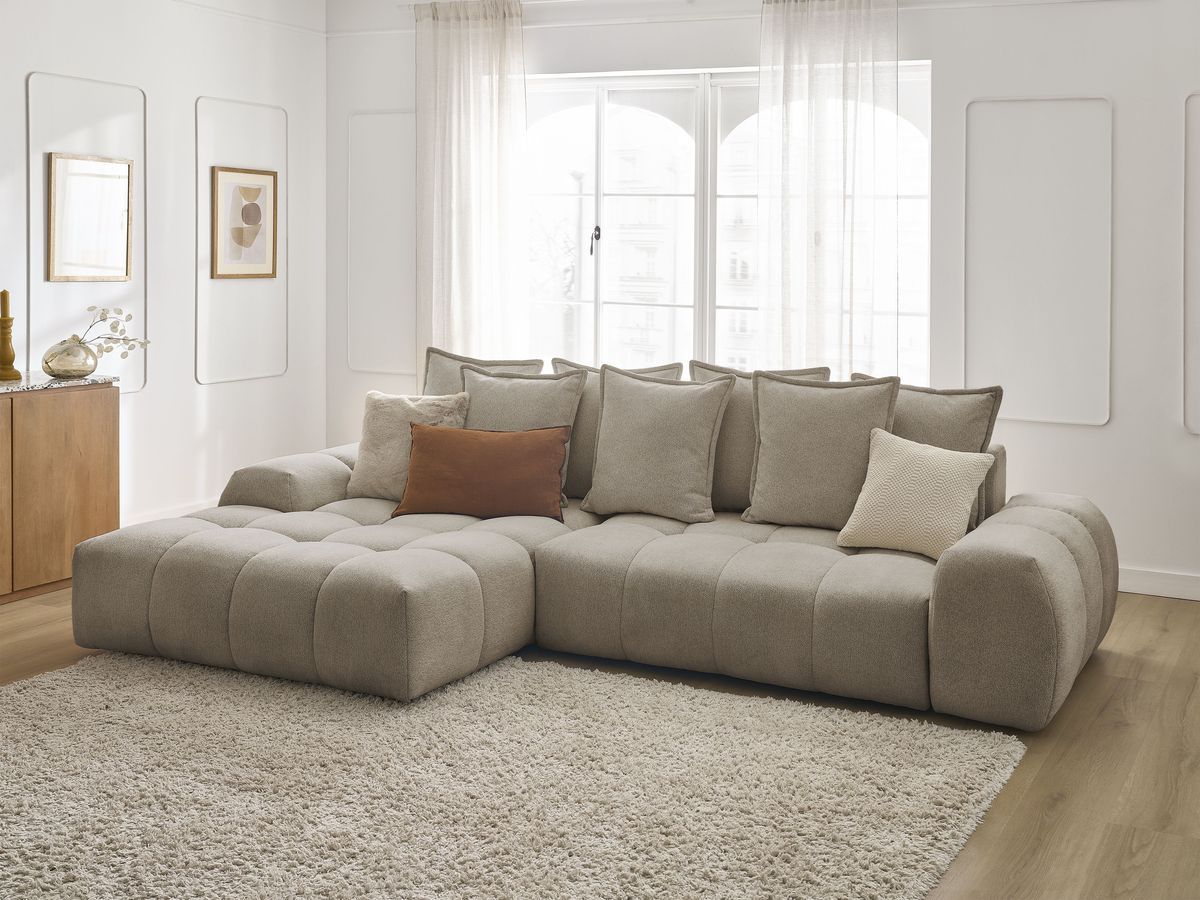 Bobochic Everest Ecksofa mit Schlaffunktion und Bettkasten 318 × 180 cm, 7 Kissen Melange-Stoff Taupe Ecke links