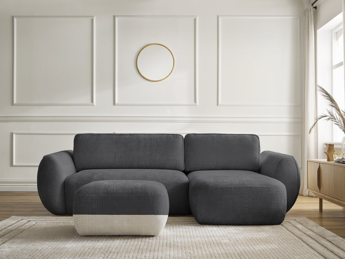 Bobochic Denise Ecksofa mit Schlaffunktion und Bettkasten und Pouf 258 × 160 cm Strukturstoff Schwarz Ecke rechts
