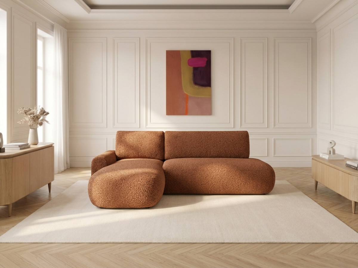 Bobochic Tango Ecksofa mit Schlaffunktion und Bettkasten Bouclé-Stoff Orange Ecke links