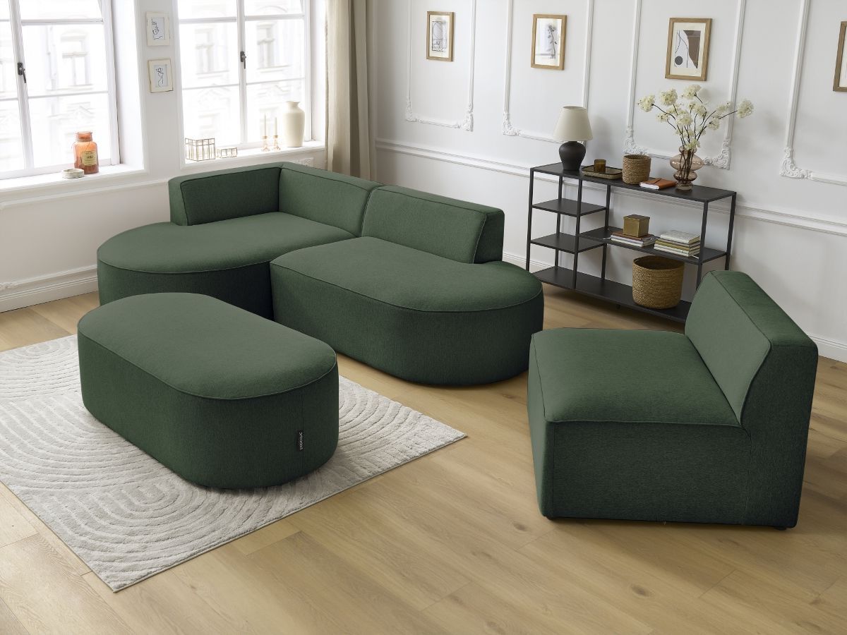 Bobochic Rousseau Ecksofa mit Sofamodul und Pouf Melange-Stoff Grün Ecke links