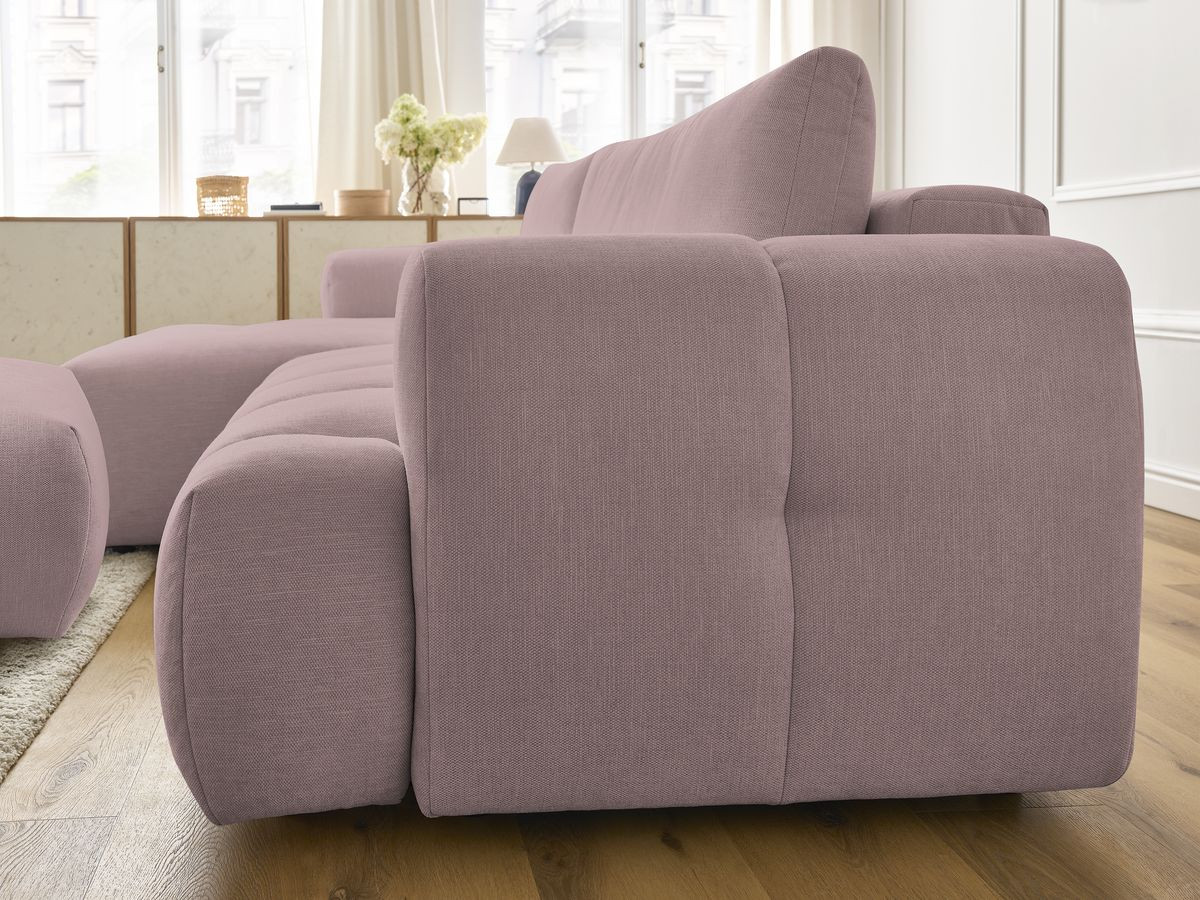 Bobochic Fuji Ecksofa mit Schlaffunktion und Bettkasten und Pouf 292 × 160 cm Stoff Rosa Ecke links