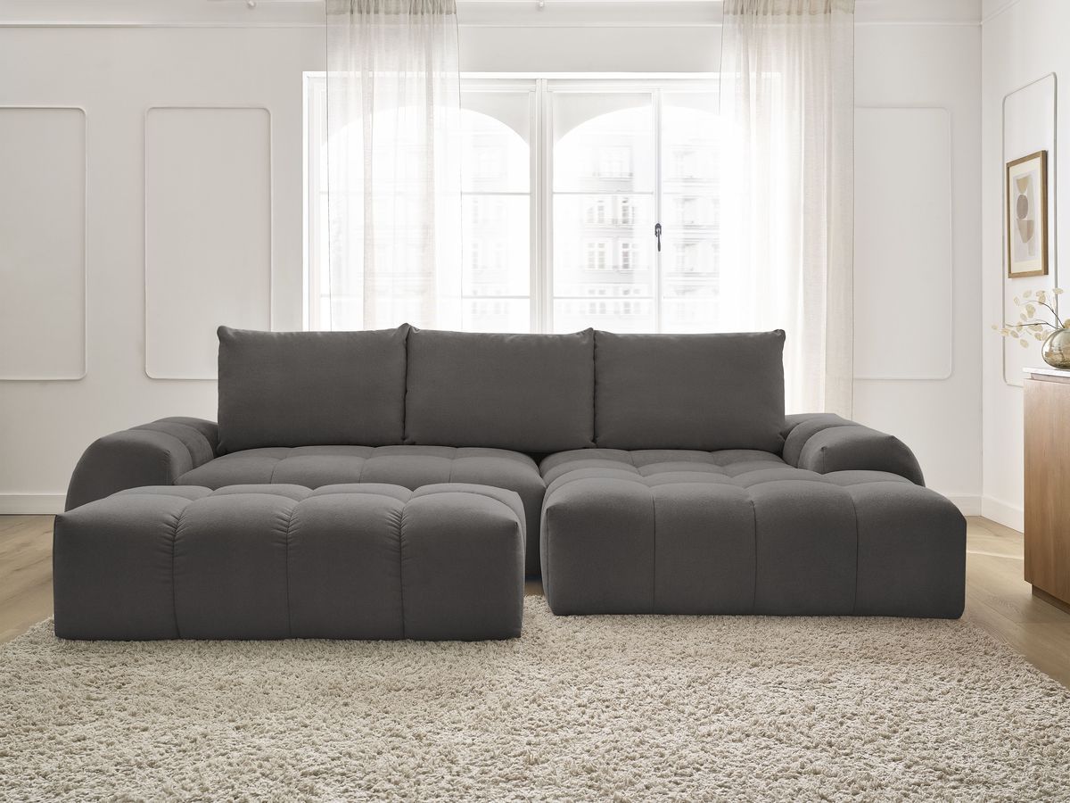 Bobochic Everest Ecksofa mit Schlaffunktion und Bettkasten und Pouf 318 × 180 cm, 3 Kissen Strukturstoff Dunkelgrau Ecke rechts