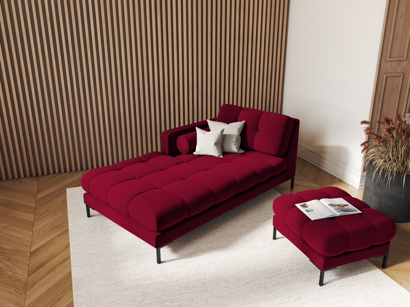 Cosmopolitan Design Chaiselongue Bali Samt Bluvel Rot Links Beine Schwarzes Metall