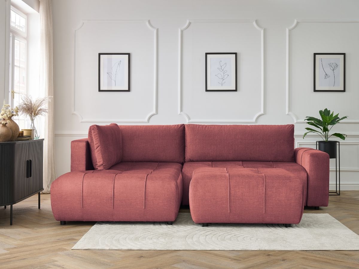 Bobochic Arsene Ecksofa mit Schlaffunktion und Bettkasten und Pouf 277 × 200 cm Samt Orange Ecke links