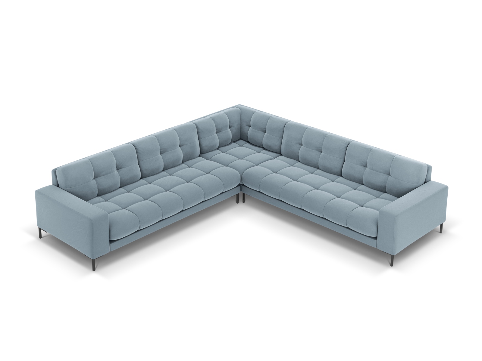 Cosmopolitan Design Symmetrisches Ecksofa Bali 6-Sitzer Samt Bluvel Hellblau Beine Schwarzes Metall