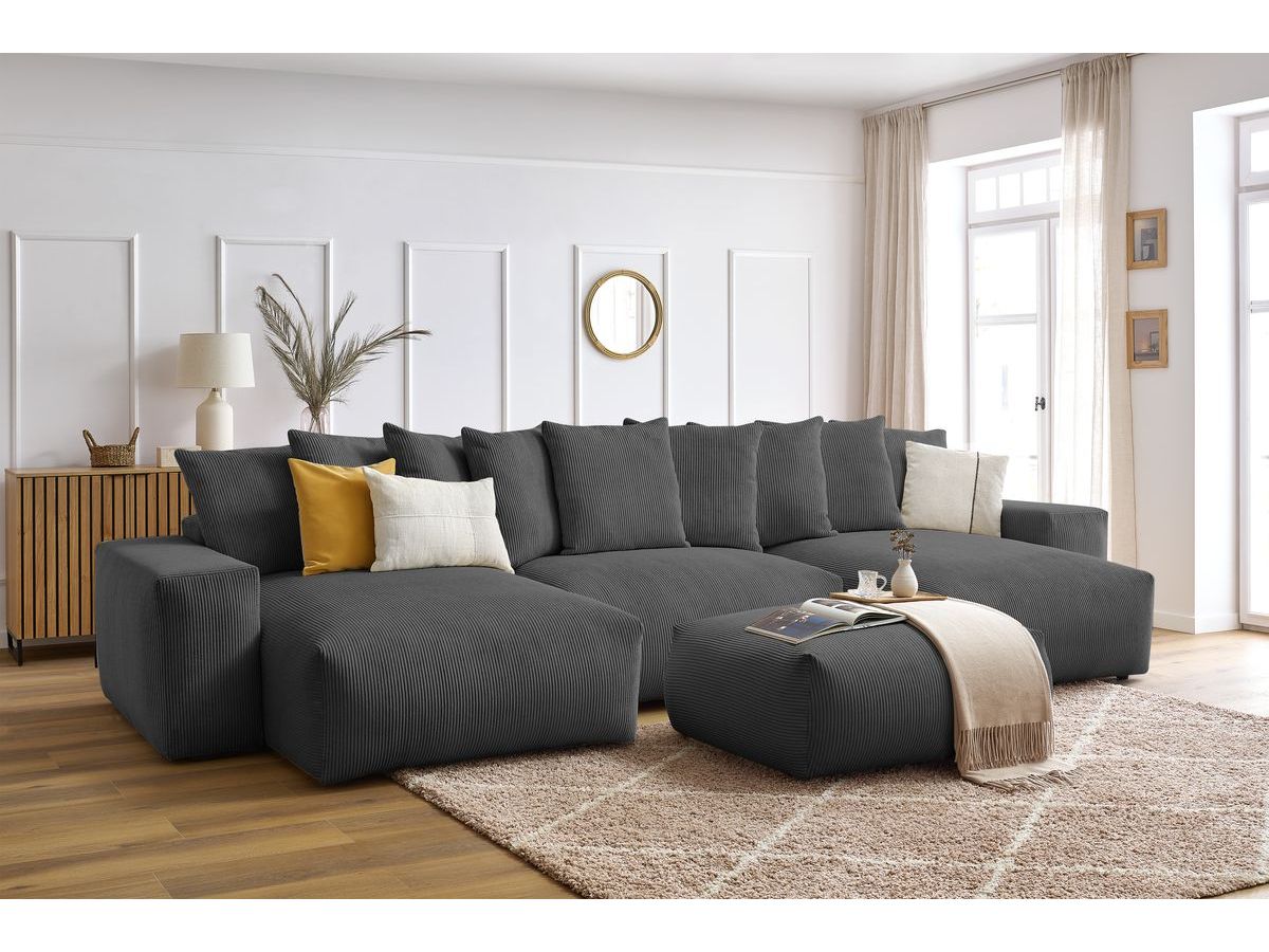 Bobochic Voltaire Wohnlandschaft mit Pouf 420 × 174 cm, Liegefläche 135 × 345 cm Cordsamt Dunkelgrau