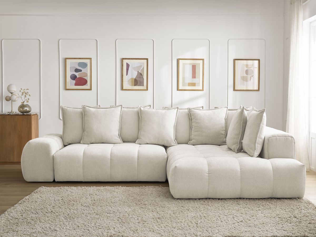 Bobochic Everest Ecksofa mit Schlaffunktion und Bettkasten 320 × 212 cm, 10 Kissen Strukturstoff Beige Ecke rechts