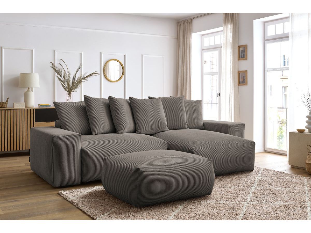 Bobochic Voltaire Ecksofa mit Schlaffunktion und Bettkasten und Pouf Cordsamt Taupe