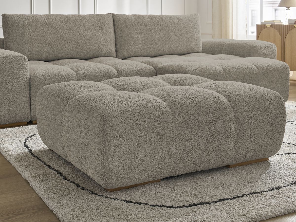 Bobochic Anakin Ecksofa mit Schlaffunktion und Bettkasten und Pouf, 2 Kissen Bouclé-Stoff Taupe