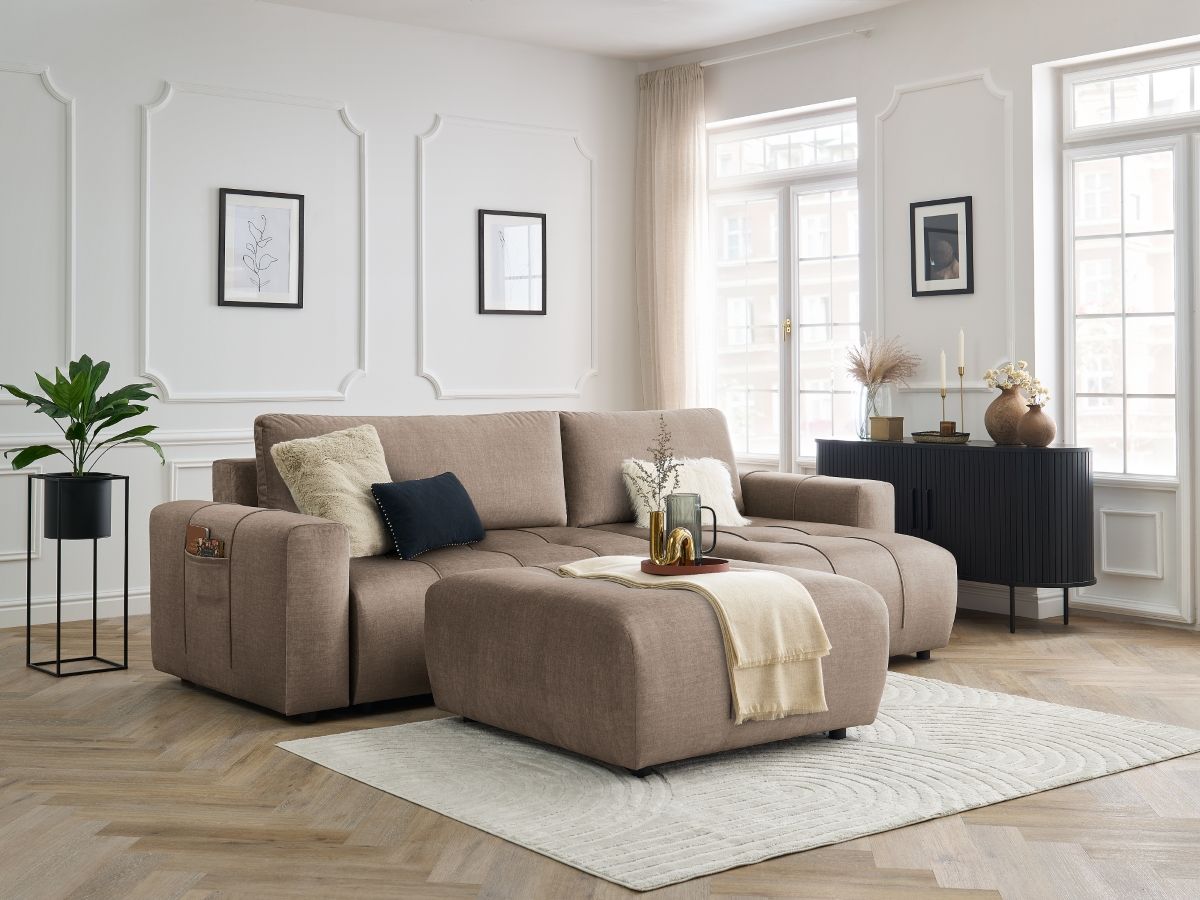 Bobochic Arsene Ecksofa mit Schlaffunktion und Bettkasten und Pouf 288 × 148 cm Samt Taupe