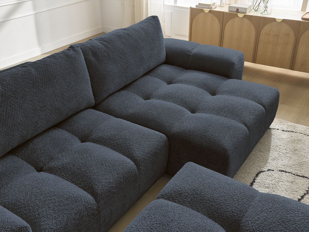 Bobochic Anakin Ecksofa mit Schlaffunktion und Bettkasten und Pouf, 2 Kissen Bouclé-Stoff Dunkelblau