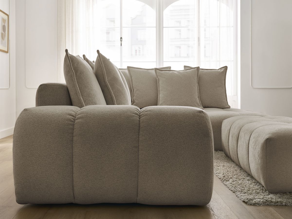 Bobochic Everest Ecksofa mit Schlaffunktion und Bettkasten und Pouf 320 × 212 cm, 10 Kissen Melange-Stoff Taupe Ecke rechts