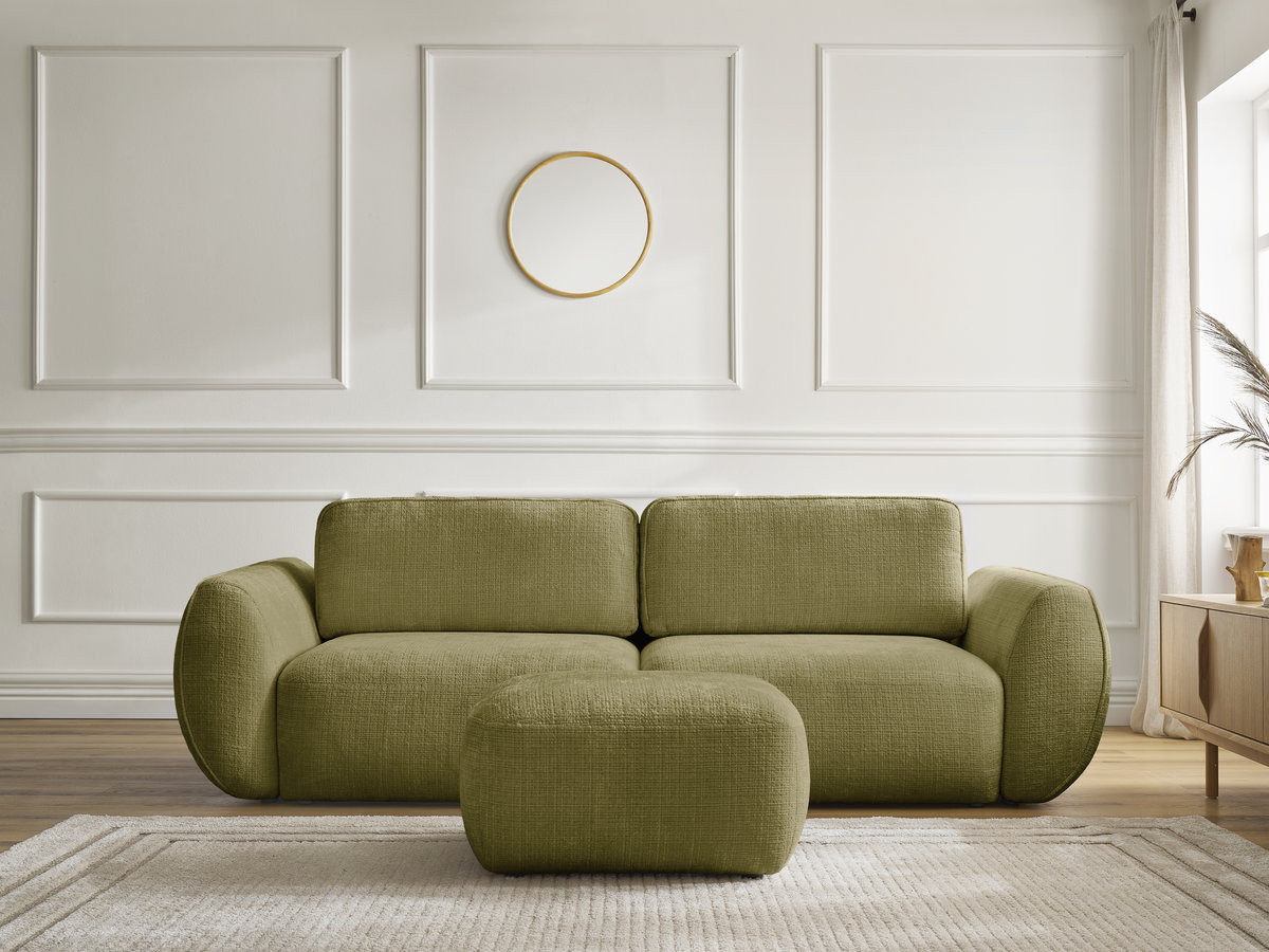 Bobochic Denise Schlafsofa 3-Sitzer mit Bettkasten und Pouf Strukturstoff Grün