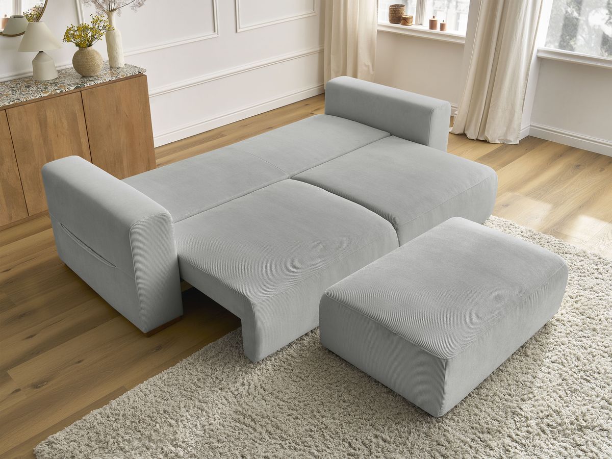 Bobochic Sidonie Schlafsofa 4-Sitzer mit Bettkasten und Pouf Cordsamt Hellgrau